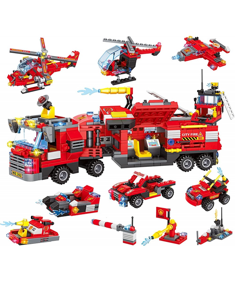 City Fire Truck Building Kit 1432 Pcs 8+1 City Fire Building Block Sets with Helicopter Boat Emergency Vehicle for Kid Boy Ag...