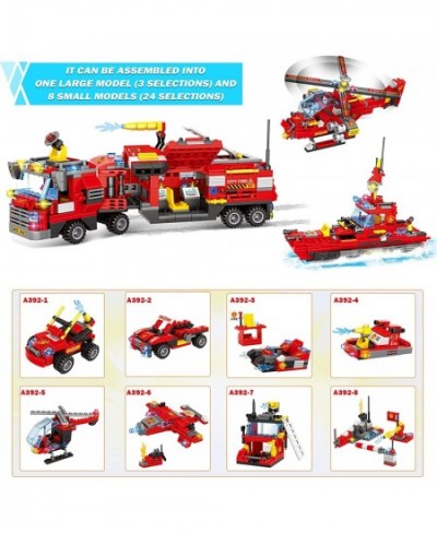 City Fire Truck Building Kit 1432 Pcs 8+1 City Fire Building Block Sets with Helicopter Boat Emergency Vehicle for Kid Boy Ag...