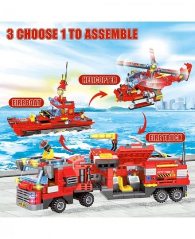 City Fire Truck Building Kit 1432 Pcs 8+1 City Fire Building Block Sets with Helicopter Boat Emergency Vehicle for Kid Boy Ag...