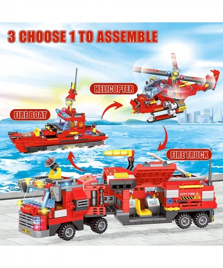 City Fire Truck Building Kit 1432 Pcs 8+1 City Fire Building Block Sets with Helicopter Boat Emergency Vehicle for Kid Boy Ag...