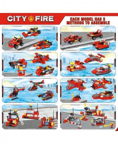 City Fire Truck Building Kit 1432 Pcs 8+1 City Fire Building Block Sets with Helicopter Boat Emergency Vehicle for Kid Boy Ag...