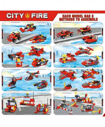 City Fire Truck Building Kit 1432 Pcs 8+1 City Fire Building Block Sets with Helicopter Boat Emergency Vehicle for Kid Boy Ag...