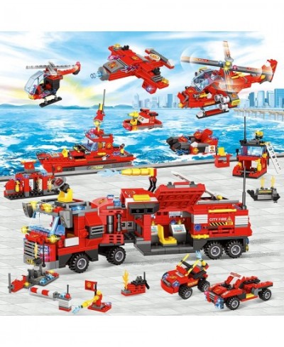 City Fire Truck Building Kit 1432 Pcs 8+1 City Fire Building Block Sets with Helicopter Boat Emergency Vehicle for Kid Boy Ag...