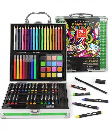 Painting & Drawing Kit 75-Piece Artist Bundle — 18 Mini Colored Pencils 16 Watercolor Cakes 14 Crayons & 14 Oil Pastels Art S...