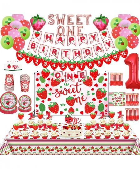 Strawberry Theme Birthday Party Include Banner Photos Wall Cake Toper High Chair Table Plate Cup Knife Fork Spoon Napkin Back...