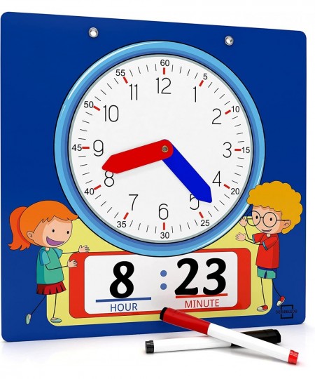 Writable Dry Erase Learning Clock for Kids with Red & Black Dry Erase Markers Write & Wipe Demonstration Clock for Kids Learn...