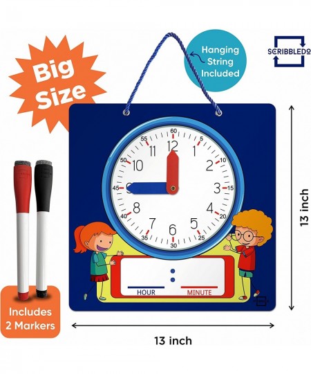 Writable Dry Erase Learning Clock for Kids with Red & Black Dry Erase Markers Write & Wipe Demonstration Clock for Kids Learn...