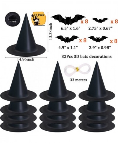 12 Pack Halloween Witch Hat 32Pcs 3D Bats Decorations Halloween Costume Accessory Black Hanging Witch Hat for Halloween Party...