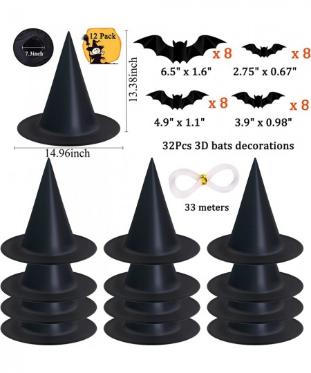 12 Pack Halloween Witch Hat 32Pcs 3D Bats Decorations Halloween Costume Accessory Black Hanging Witch Hat for Halloween Party...