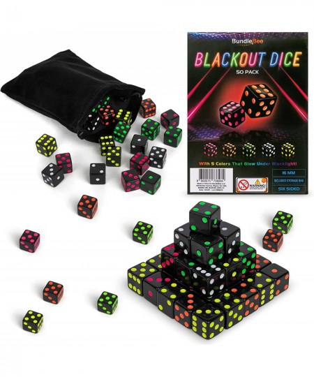 Neon Blackout Dice - 50 Dice Set - 5 Colors - Included Drawstring Storage Bag - 16mm Six-Sided Square Dice For Replacement Ga...