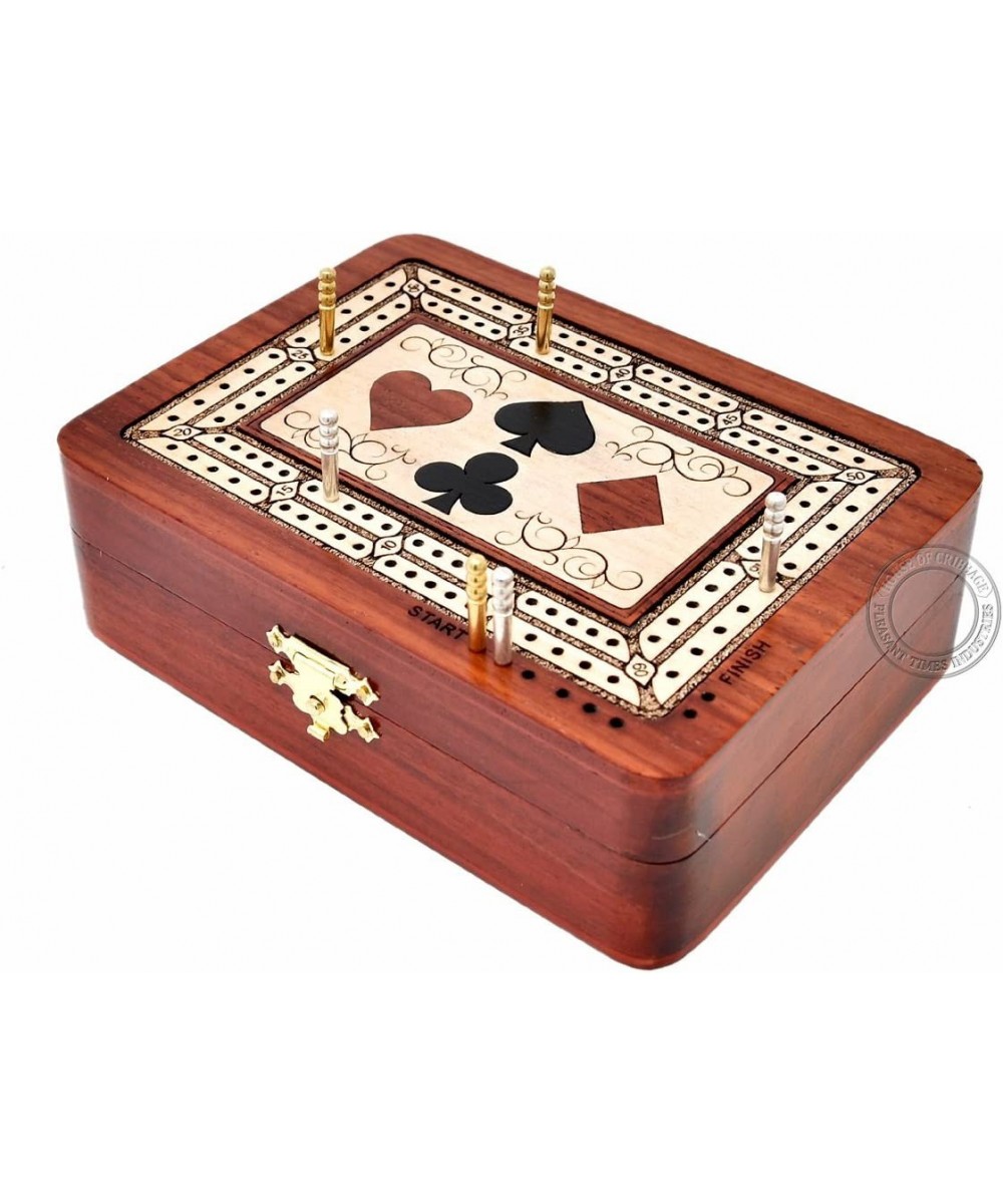 2 Track - Wooden Cribbage Board / Box - Inlaid in Bloodwood / Maple Wood - Storage for Pegs & One Deck of Cards - 60 Points -...