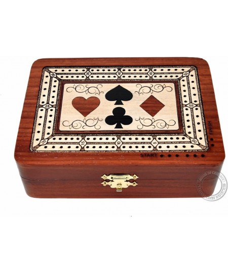 2 Track - Wooden Cribbage Board / Box - Inlaid in Bloodwood / Maple Wood - Storage for Pegs & One Deck of Cards - 60 Points -...