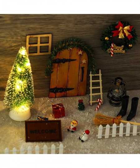 20 Pcs Christmas Mini Dollhouse Accessories Miniature Elf Girl Fairy Door Decorations Tiny Fairy Wooden Door Wreath Mini Tree...