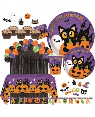 Serves 24 Complete Party Pack Cute Halloween Cats Monsters and Ghosts Includes Plates Cups Napkins Table Cover Balloons Picks...