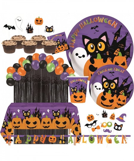 Serves 24 Complete Party Pack Cute Halloween Cats Monsters and Ghosts Includes Plates Cups Napkins Table Cover Balloons Picks...