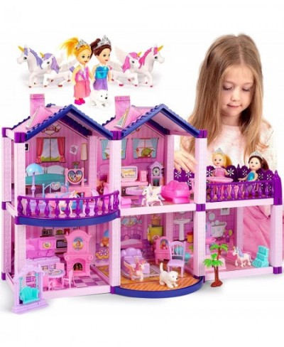 Dollhouse w/ Princesses 4 Unicorns and Dog Dolls - Pink / Purple Dream House Toy for Little Girls - 4 Rooms w/ Garden Furnitu...