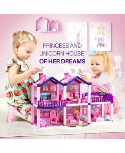 Dollhouse w/ Princesses 4 Unicorns and Dog Dolls - Pink / Purple Dream House Toy for Little Girls - 4 Rooms w/ Garden Furnitu...