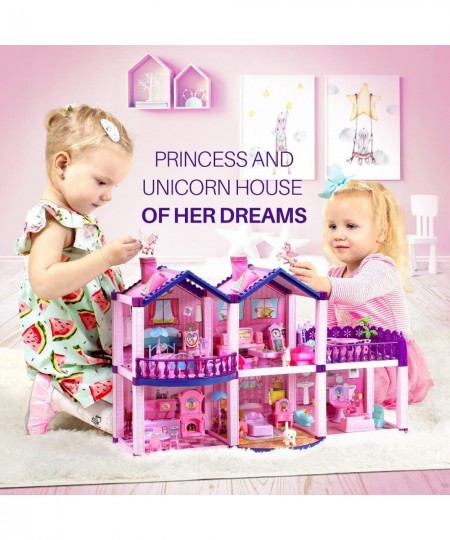 Dollhouse w/ Princesses 4 Unicorns and Dog Dolls - Pink / Purple Dream House Toy for Little Girls - 4 Rooms w/ Garden Furnitu...