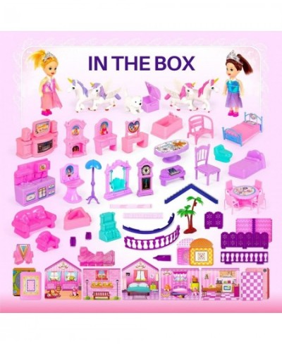 Dollhouse w/ Princesses 4 Unicorns and Dog Dolls - Pink / Purple Dream House Toy for Little Girls - 4 Rooms w/ Garden Furnitu...