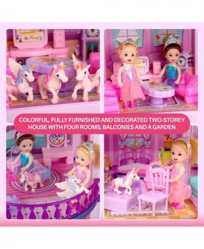 Dollhouse w/ Princesses 4 Unicorns and Dog Dolls - Pink / Purple Dream House Toy for Little Girls - 4 Rooms w/ Garden Furnitu...