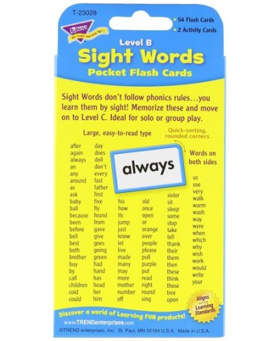 TREND ENTERPRISES: Sight Words Level B Pocket Flash Cards Great for Skill Building and Test Prep 56 Two-Sided Cards Included ...