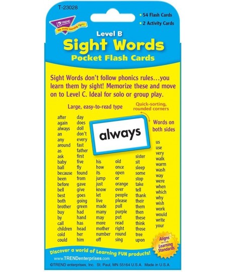 TREND ENTERPRISES: Sight Words Level B Pocket Flash Cards Great for Skill Building and Test Prep 56 Two-Sided Cards Included ...