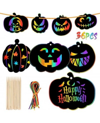 36 Pieces Halloween Scratch Paper Crafts Kit Bulk of Halloween Pumpkins Magic Rainbow Scratch Art for Kids DIY Party Ornament...