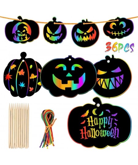 36 Pieces Halloween Scratch Paper Crafts Kit Bulk of Halloween Pumpkins Magic Rainbow Scratch Art for Kids DIY Party Ornament...