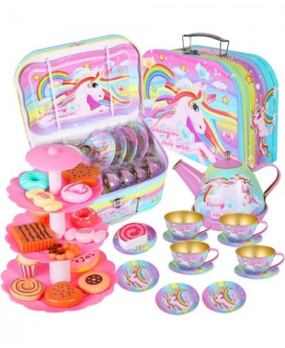 Unicorn Tea Party Set for Little Girls Kids Pretend Tin Teapot Set with Carrying Case for Tea Party Princess Tea Time Kitchen...