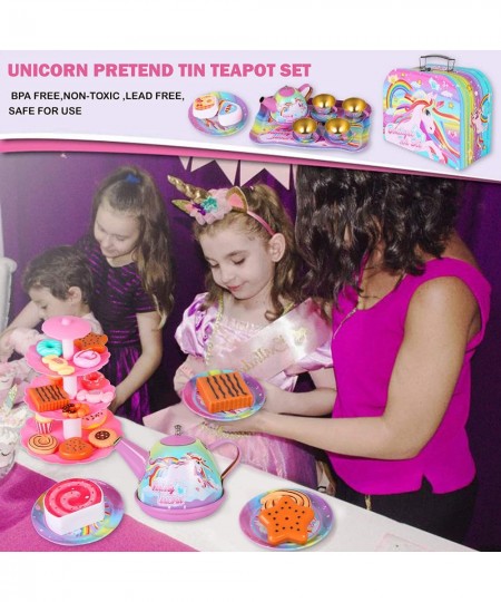 Unicorn Tea Party Set for Little Girls Kids Pretend Tin Teapot Set with Carrying Case for Tea Party Princess Tea Time Kitchen...