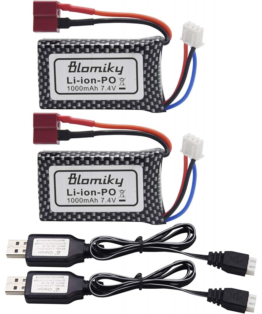 2 Pack 7.4V 2S 30C 1000mAh 6.3Wh Lipo Battery T Plug and USB Charger Cable Suitable for HBX 16889 16890A and XLH Q903 Q901 Q9...