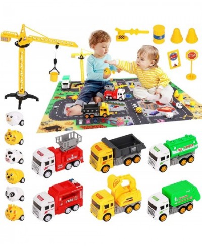 Toy Trucks with Play Mat for Boys Construction Vehicle and Mini Animal Cars with Road Signs Crane Playmat and Storage Box for...