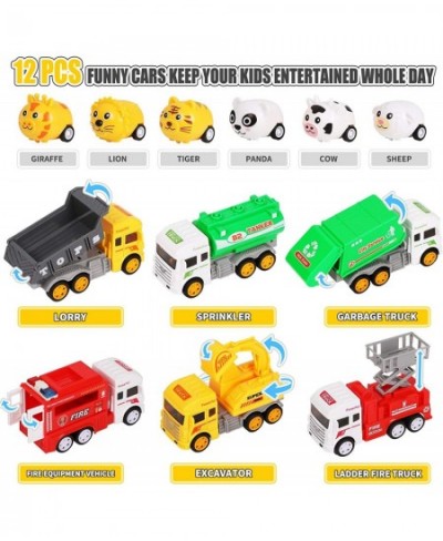 Toy Trucks with Play Mat for Boys Construction Vehicle and Mini Animal Cars with Road Signs Crane Playmat and Storage Box for...