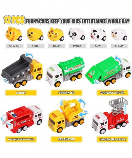 Toy Trucks with Play Mat for Boys Construction Vehicle and Mini Animal Cars with Road Signs Crane Playmat and Storage Box for...