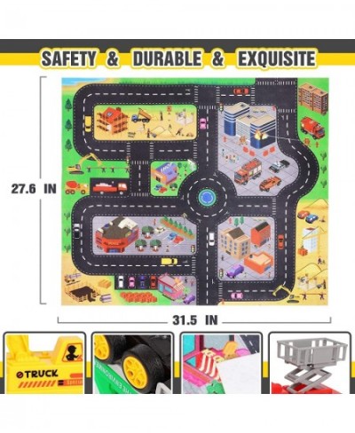 Toy Trucks with Play Mat for Boys Construction Vehicle and Mini Animal Cars with Road Signs Crane Playmat and Storage Box for...