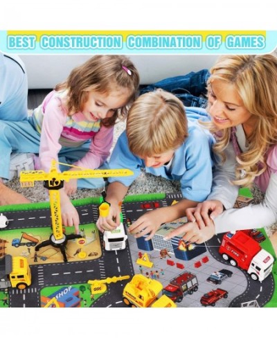 Toy Trucks with Play Mat for Boys Construction Vehicle and Mini Animal Cars with Road Signs Crane Playmat and Storage Box for...