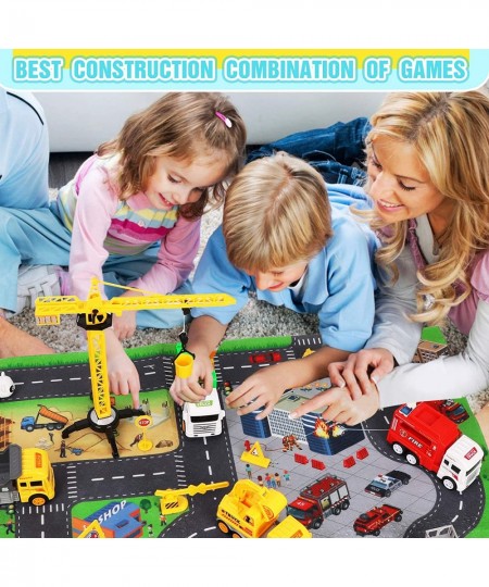 Toy Trucks with Play Mat for Boys Construction Vehicle and Mini Animal Cars with Road Signs Crane Playmat and Storage Box for...