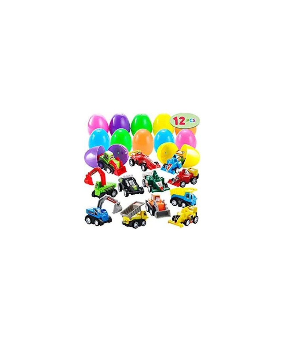 12PACK Filled Easter Eggs with Toy Cars 3.2 inch Bright Colorful Easter Eggs Prefilled with Pull Back Construction Vehicles a...