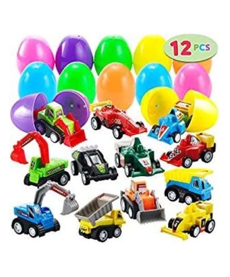 12PACK Filled Easter Eggs with Toy Cars 3.2 inch Bright Colorful Easter Eggs Prefilled with Pull Back Construction Vehicles a...