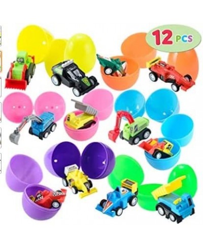 12PACK Filled Easter Eggs with Toy Cars 3.2 inch Bright Colorful Easter Eggs Prefilled with Pull Back Construction Vehicles a...