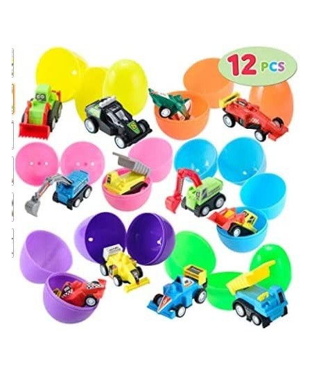 12PACK Filled Easter Eggs with Toy Cars 3.2 inch Bright Colorful Easter Eggs Prefilled with Pull Back Construction Vehicles a...