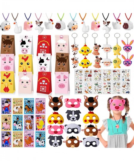 72Pcs Farm Party Favors Bags Farm Birthday Party Supplies for Kid Felt Mask Make Your Own Sticker Necklace Keychain Tattoo St...