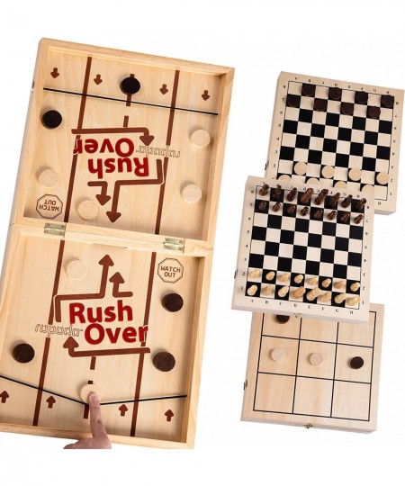 Fast Sling Puck Game 4 in 1 Portable Wooden Board Games Set for Adults and Kids Easter Basket Stuffer Idea Chess Checkers and...