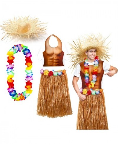 4 Pack Hawaiian Costumes for Boy Man Including Skirts Hula Skirts with Hawaiian Party Muscle Vest Hawaiian Straw Hat and Wrea...