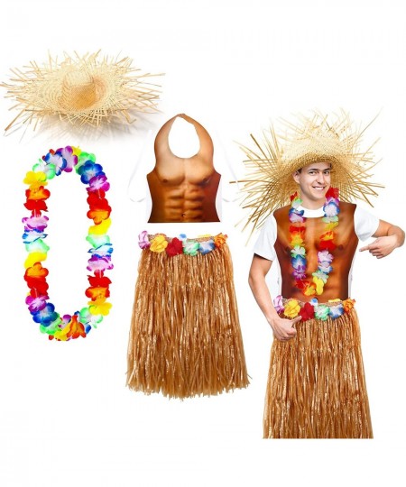 4 Pack Hawaiian Costumes for Boy Man Including Skirts Hula Skirts with Hawaiian Party Muscle Vest Hawaiian Straw Hat and Wrea...