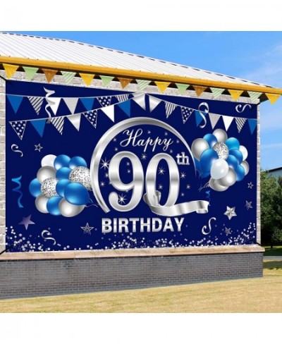 Blue Silver 90th Birthday Banner Decorations for Men - Happy 90 Birthday Backdrop Party Supplies Décor - Ninety Birthday Post...