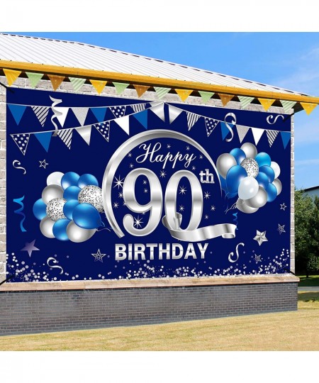 Blue Silver 90th Birthday Banner Decorations for Men - Happy 90 Birthday Backdrop Party Supplies Décor - Ninety Birthday Post...