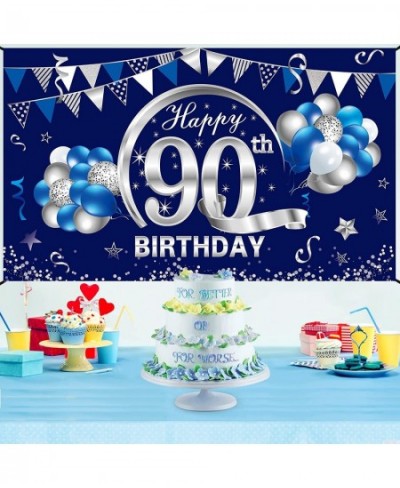 Blue Silver 90th Birthday Banner Decorations for Men - Happy 90 Birthday Backdrop Party Supplies Décor - Ninety Birthday Post...