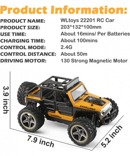 WLtoys 22201 Remote Control Jeep Car 1/22 Scale RC Cars with LED Lights 22km/h 2WD Hobby RC Truck with 2 Batteries 2.4GHz RC ...