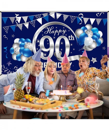 Blue Silver 90th Birthday Banner Decorations for Men - Happy 90 Birthday Backdrop Party Supplies Décor - Ninety Birthday Post...